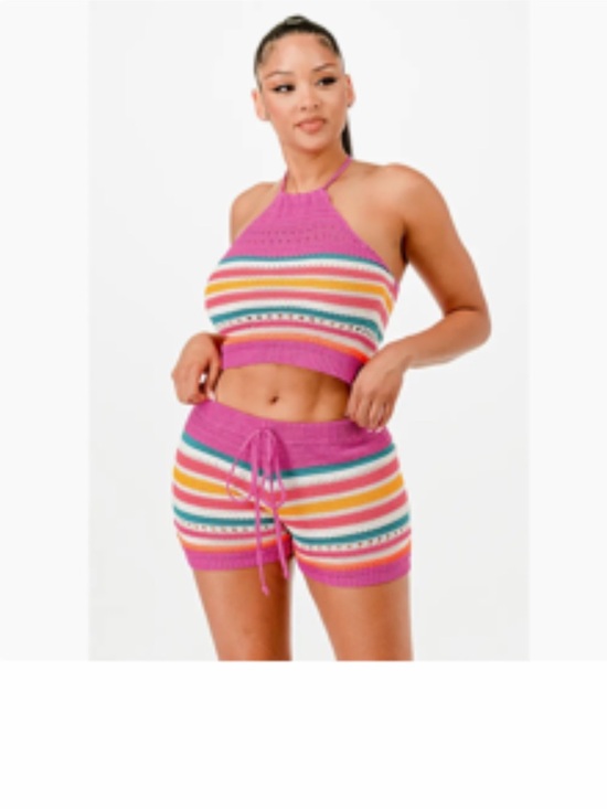 Pants - Striped Pink Crochet Halter Crop Top & Shorts Set
